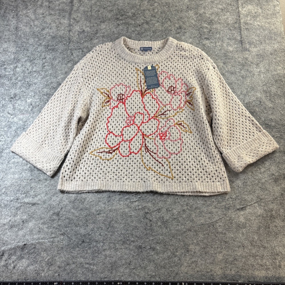 Democracy Soft Open Knit Sweater Women's 1X Tan Embroidered Floral Boho Cottage